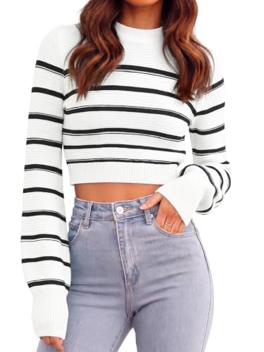 Image of Womens Sexy Crew Neck Cropped Sweaters Knit Long Sleeve Crop Tops Pullover | Ribbed Knit, Long Sleeve, Crop Tops, Pullover,Crew Neck