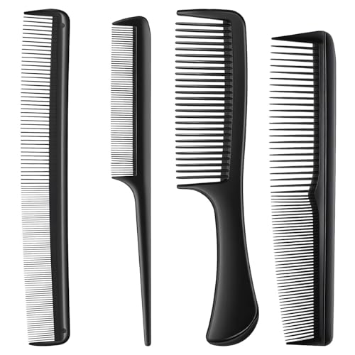 4 Pieces Professional Teasing Comb, Premium Black Carbon Fiber Hair Comb Set for Cutting and Styling,Fine and Wide Tooth Styling Comb for All Hair Types