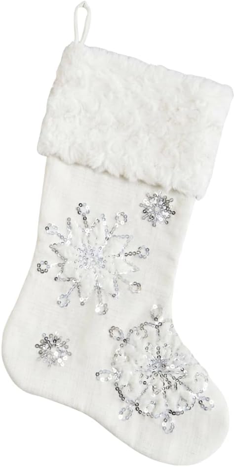 Comfy Hour 18"x11" White Christmas Stocking, Silvery Snowflake Figurine Style Home Decor, Rustic Antique Vintage Holiday Office Mantel Decoration