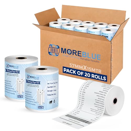 Image of MOREBLUE Credit Card, Food Bills Direct Thermal Receipt Paper Roll, Pack of 20 57mm(2 inch) x 15 Meter, Ink Free Print for POS, Credit Card Machines, & Petrol Pumps