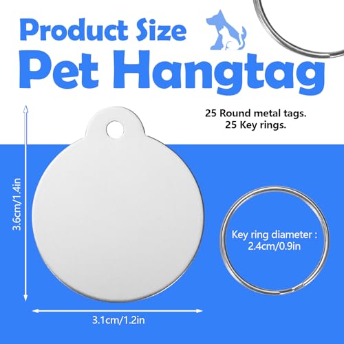 Modixun Unbedruckte Hundemarken zum Gravieren, 3,1 cm, personalisierbar, runde Metall-Stempelrohlinge, Aluminium-Metallanhänger mit Schlüsselanhänger, 25 Stück
