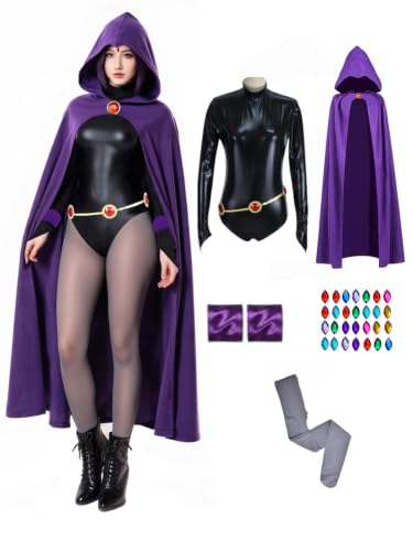 NDJLNZ 6PCS Women's Halloween Cosplay Costume Purple Cosplay Uniform Suit | with Cape Belt Jumpsuit Tights 28 Forehead Gems