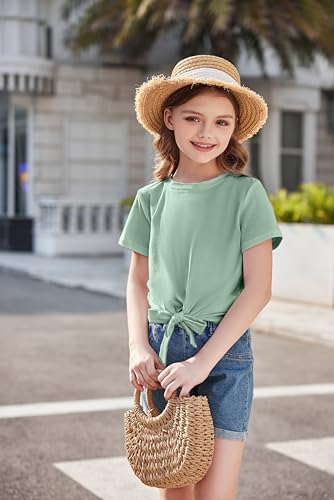 Image of Arshiner Girls Short Sleeve Shirts Tie Knot Front Tops T Shirts for Kids Crewneck Cute Casual Tie Dye Tee Blouse