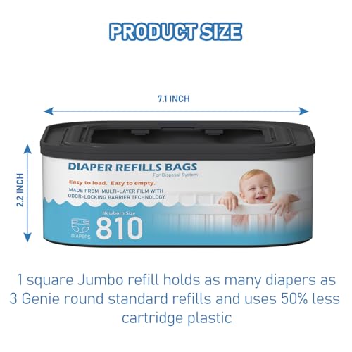 Image of Jumbo Square Refills Disposal Bags Refill (Baby Powder Scent) Compatible with Diaper Genie Classic, Compact, Premier and Select Pails, Hold Up to 810 Newborn-Sized Diapers Per Refill, 3 Packs