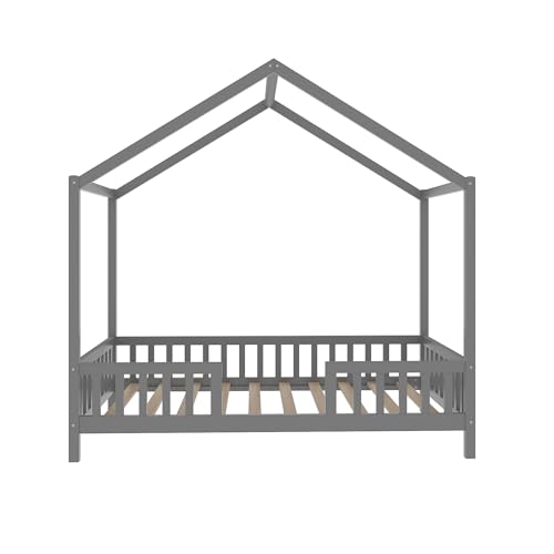 Image of Floor Bed with Canopy, High Railings and Roof, Twin Size Wood House Bed Frame for Kids Bedroom