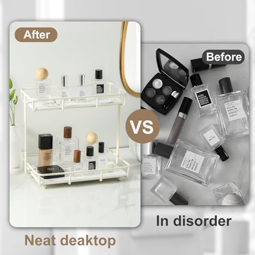 Bathroom Organizer Countertop Perfume Organizer Makeup Organizer Cosmetics Storage Display Rack Vanity Tray Dresser Stainless Steel Gold Shelf White Marble Ceramic Tray (2 Tier L-Cream)