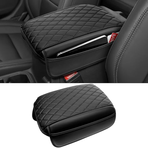 Image of Center Console Armrest Cover Compatible with 2018-2025 2026 Jeep Wrangler JL JLU 2020-2025 2026 Jeep Gladiator JT Accessories Black Leather Arm Rest Lid Protector with Storage Pockets