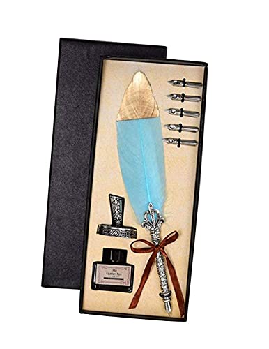 Quill Pen, Handmade Quill Feather Pen Set Antique Calligraphy Writing Quill Pen with Ink, Feather Pen with Ink and Steel Tips Calligraphy Set Quill Pen,6 Replacement Nibs/Contains inkï¼ˆSky Blueï¼‰