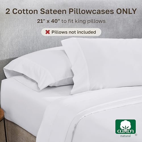 Image of California Design Den King Size Pillowcase Set - 400 Thread Count, 100% Cotton Sateen, Set of 2 Pillow Covers, Soft and Breathable - Bright White