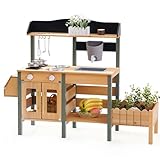 ROBUD Outdoor Mud Kitchen Set for Kids, Wooden Pretend Play Kitchen with Plant Growing Box, Real Faucet, Sink, Kitchen Accessories, Pretend Play for Kids Boys Girls Toys Age 3+