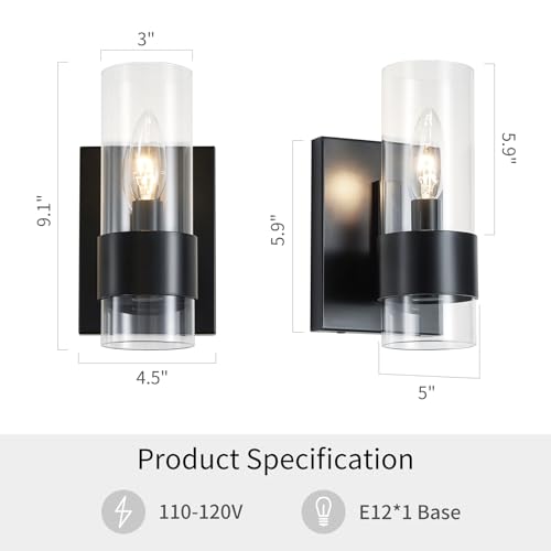Image of WUZUPS Set of 2 1-Light Bathroom Wall Light Fixture Over Mirror Flat Class Shade Morden Vanity Scones for Bathroom Bedroom Living Room, E12 Base, Black