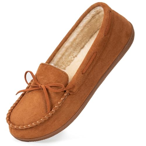 HomeTop Womens Moccasins House Slippers Memory Foam Soft Faux Fur Indoor Outdoor Shoes for Ladies Chestnut 8 US