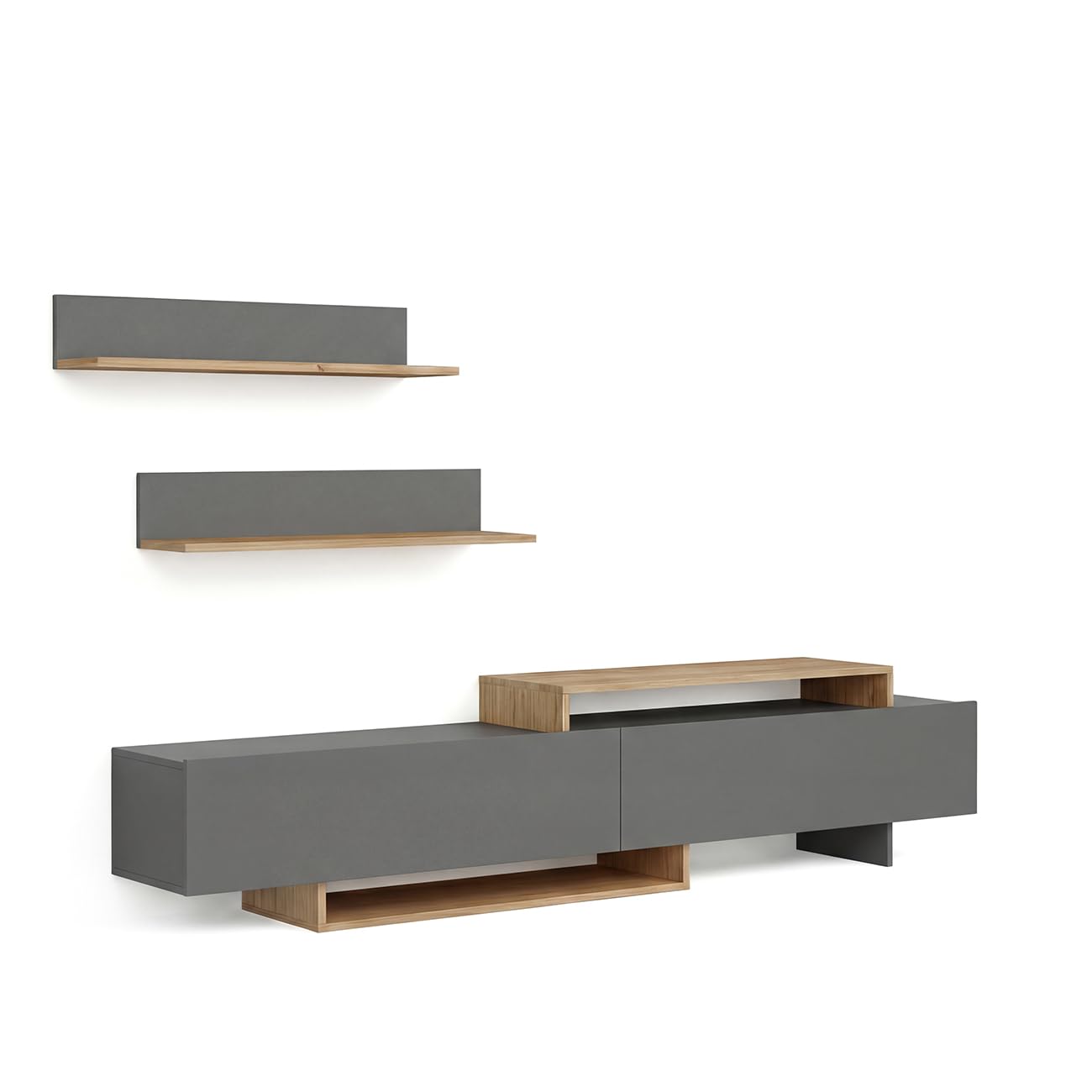 duehome | Mueble de Salón, Composición Modular de TV, Modelo: Bender 200, Acabado en Gris Grafito y Alpino, Medidas: 200 cm (Largo) x 33 cm (Fondo) x 46 cm (Alto)