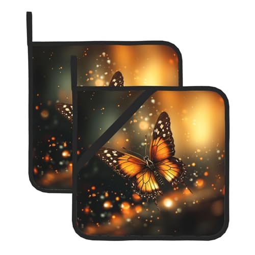 Orange Butterfly Print Pot Holders Set of 2 Kitchen Heat Resistant Potholder Non Slip Waterproof Hot Pads with Loop for Microwave BBQ Cooking Baking 8 x 8 Inch