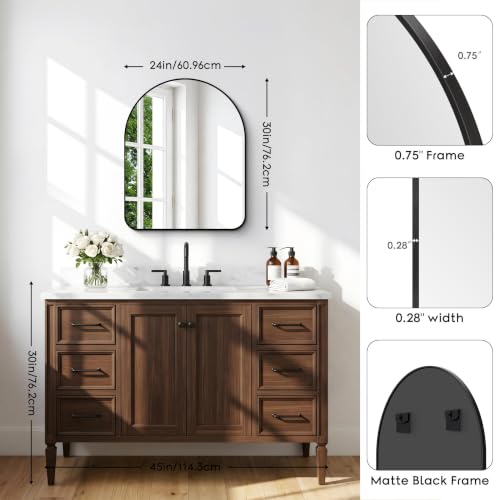 Image of BONEWEI Arched Wall Mirror,24x30 inch Black Arched Mirror Bathroom,Vanity Mirror for Over Sink Metal Frame,Tempered Glass Arch Mirrors for Bedroom,Entryway,Living Room,Home Decor Shatter-Proof