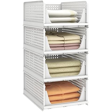 Pinkpum Stackable Plastic Storage Basket, Foldable Closet Organizers and Storage Bins 4 Pack Drawer Shelf Storage Container for Wardrobe Kitchen Bathroom Office Dorm Cover