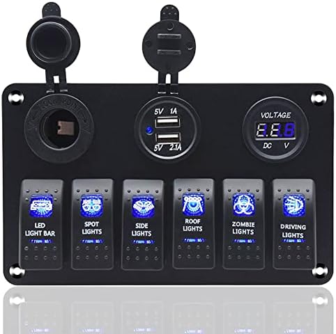 6 Gang Switch Panel, 12V/24V Waterproof Rocker Toggle Switch Dual USB Charger Digital Voltmeter Display Rocker Switch for Boat Car RV Truck