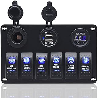 6 Gang Switch Panel, 12V/24V Waterproof Rocker Toggle Switch Dual USB Charger Digital Voltmeter Display Rocker Switch for Boat Car RV Truck
