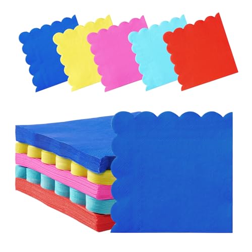 Hunanyume RBSCN 100 Rainbow Scalloped Cocktail Napkins, 3 Ply 5 X 5 Inch Beverage Napkins Bright Paper Napkins Disposable Luncheon Napkins cover