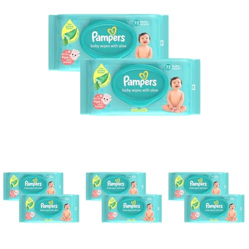 Image of Pampers Baby Gentle Wet Wipes with Lid 144 Count (72 X Pack of 8) | with Aloe Vera and Vitamin E | 97% Pure Water | Paraben free | Combo Pack