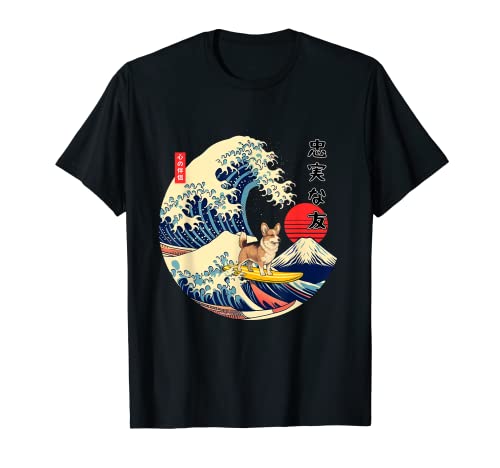 Fawn Corgi Japanese Kanagawa Wave Surf Loyal Dog T-Shirt