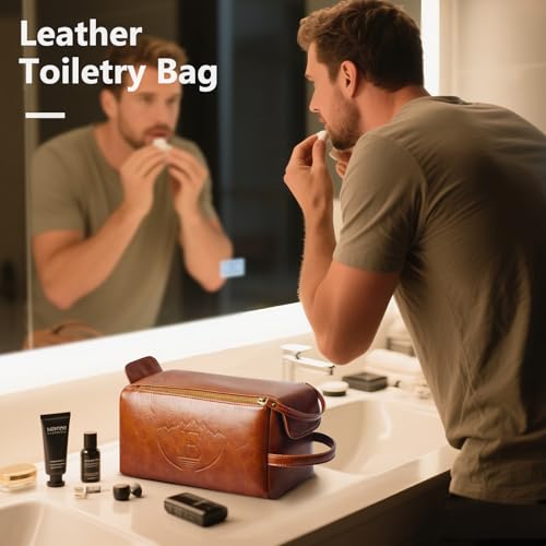 Personalized Toiletry Bag for Men,Initial Mens Toiletry Bags for Traveling,Men Travel Toiletries Bag,PU Leather Shaving Bag for Toiletries Accessories kit,Brown E3