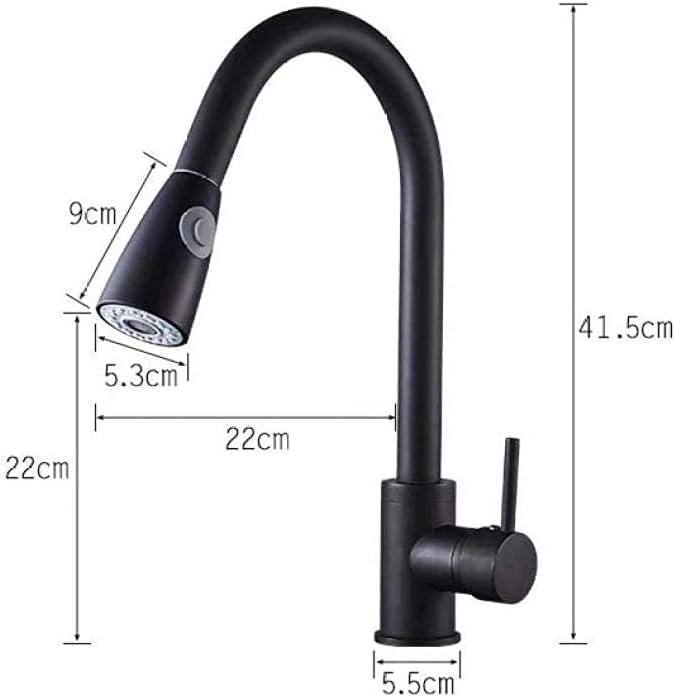 Tap, Single Handle Can Be Rotated 360 Compatible with Pull-Out Dual Rinsing Spray Stainless Steel Drawing Kitchen Sink Hot and Cold Water Taps, Modern Style(Black)