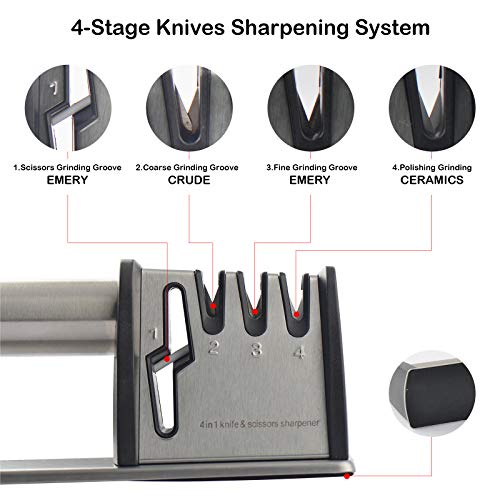 4 in 1 Kitchen Manual Knife Sharpener, 4 Stage Knife Scissors Sharpener, Chef Choice Knife Sharpeners Accessories, Fast Sharpening Kit for Knives & Scissors with Diamond Emery, Ceramic, Tungsten Steel