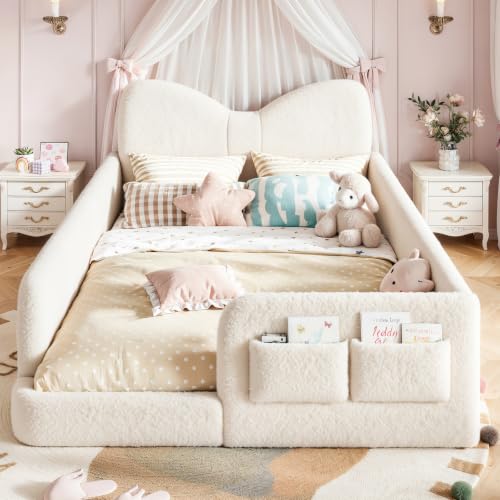 Image of Full Size Kids Bed with Bow-Shaped Headboard, Upholstered Teddy Fabric Twin Daybed with Slats Support & Side Pockets, Space-Saving Wooden Corner Sofa Couch Bed Frame for Girls, Boys, Teenager(Beige)