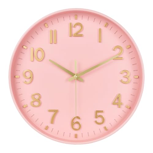 Image of HZDHCLH Wall Clocks Battery Operated,Wall Clock Pink Gold 12 inch Wall Clock Silent Non Ticking Modern 3D Numbers for Office Kitchen Classroom Bedroom Living Room Decor