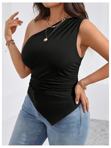 WDIRARA Women's Plus Size One Shoulder Tank Top Ruched Asymmetrical Sleeveless Tops4