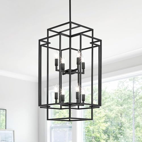 Sdorens 8-Light Tiered Lantern Pendant Light, Black Farmhouse Chandelier, Large Chandeliers for High Ceilings, Modern Foyer Lighting Fixtures, for Dining Room, Living Room, Entryway Staircase