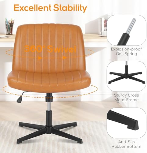 Image of DUMOS Criss Cross Chair No Wheel Legged Office Wide Comfy Desk Vanity Chair, Armless Computer Task Seating PU Leather, Swivel Home Height Adjustable for Bedroom, Study, Brown No Wheel