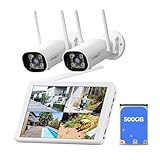 VORGUT Wireless Security Camera System with 10' LCD Monitor, 2PCS 3MP Bullet Outdoor Camera for Home Surveillance, 10CH NVR with 500G HDD,24/7 Record,Human Detection,Color Night Vision,No Monthly Fee
