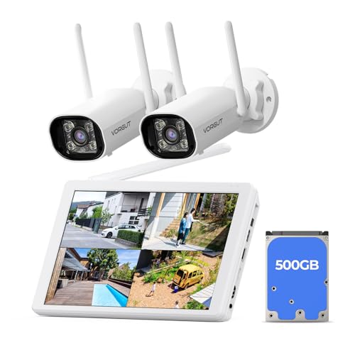 VORGUT Wireless Security Camera System with 10 LCD Monitor 2PCS 3MP Bullet Outdoor Camera for Home Surveillance 10CH NVR with 500G HDD 24/7 Record Human Detection Color Night Vision No Monthly Fee