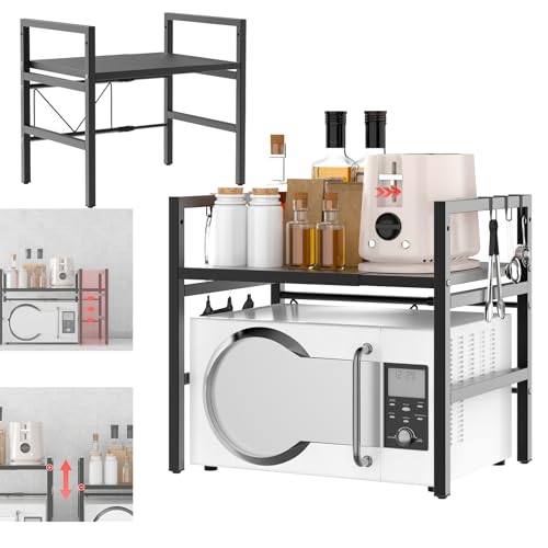 Étagère à micro-ondes extensible à 2 niveaux, étagère de boulangerie, étagère sur pied réglable en hauteur (32-42 cm), extensible 40-60 cm, 6 crochets, acier noir, charge maximale 25 kg, pour petites