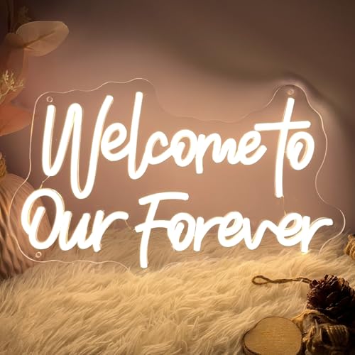 Image of Welcome To Our Forever Neon Sign for Wall Decor Wedding Light Up Neon Sign Indoor Bedroom Home Decor LED Neon Signs Large Backdrop Flex Christmas Living Room Girls Boys Gift,USB Warm White 40x23.8 CM