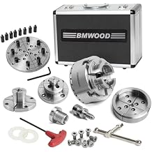 Wood Lathe Chuck 3-3/4" Self Centering Chuck Set,1-1/4x 8TPI Thread with Dovetail Jaws, 5"Flat, Pin Jaw, Step Jaw, Wide Jaw, Thread Adaptor to 1"x8tpi, Wood screw, Nylon Washers in Aluminum Case.