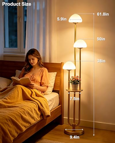 Image of Gold Dimmable Floor Lamp with Table Modern Floor Lamps with 5Lbs Heavy Base for Living Room 3000K Tall Standing Lamp with Mushroom Shades & Bulbs Included for Bedroom /Office / /Sofa Beside /Corner Decor