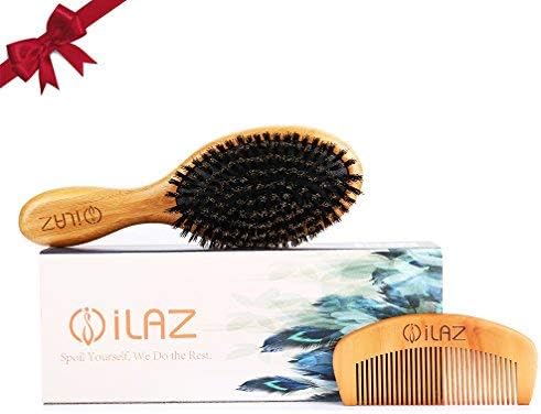 iLAZ 100% Boar Bristle Hair Brush Set for Women and Men - Designed for Thin and Normal Hair - Adds Shine and Improves Hair Texture - Wood Comb Included Nice Handcraft Wooden handle Gift Packaged