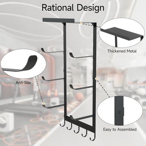 LSK Yoga Mat Holder Wall Mount, Black Yoga Mats Storage Rack, Home Gym Storage with Metal Floating Shelf for Storing Fitness, Yoga Mat Rack with 5 Hooks for Hanging Foam Rollers and Resistance Bands - Image 5