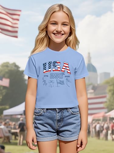 Image of VVNTY Girls American Flag Crop Tops Kids USA Crop Shirt Patriotic 4th of July Tops 5-14 Years