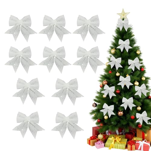 10 Pezzo Fiocchi Per Albero Di Natale Decorazioni Set,Fiocco Puntale Albero Di Natale,Glitterati Fiocchi Rossi Grandi 20 X 15 Cm Con Paillettes,Fiocco Nastro Natalizio Ghirlanda Decora (White)