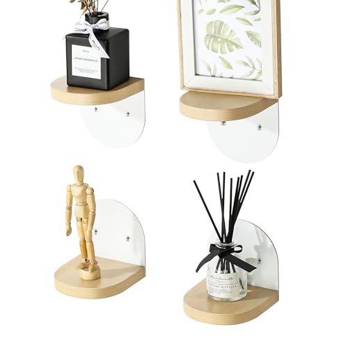 SAYAYO Set de 4 Estanterías de Pared, Estanterías Flotantes de Madera con Base Metálica para Objetos Pequeños, Blanco Baldas Flotantes Decorativa Rústica para Dormitorio, Salón, 10x10CM, Tornillo
