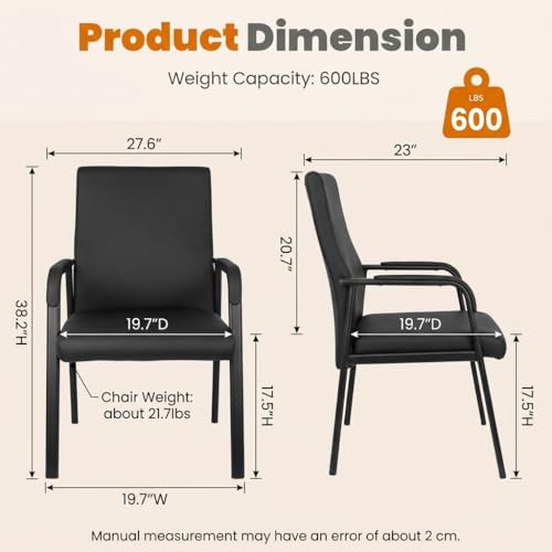 Image of Leather Office Guest Chair, Guest Conference Room Chair, 600 LBS Capacity High Back Reception Chair with Padded Armrests, No Wheels, Black - 4 Pack
