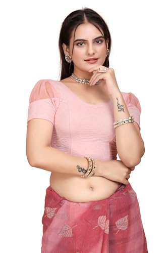 Image of SFT Women's Organza Patch Readymade Saree Blouse with Round Neck Half Sleeves Abstract Pattern Pull On Closure Regular Fit and Standard Length