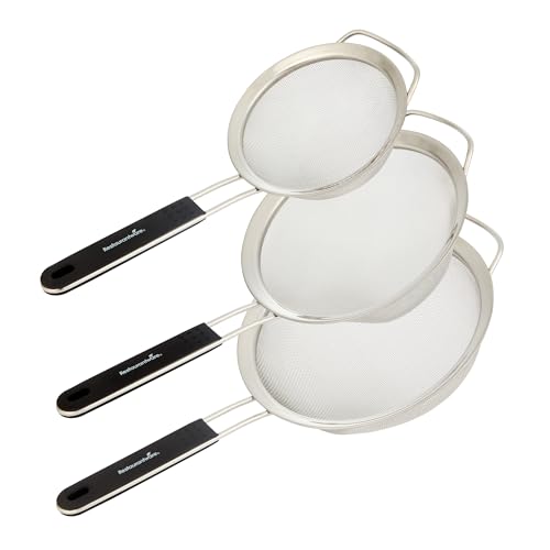Restaurantware Fine Mesh Strainer Set of 3 Different Sizes with Silicone Handle Stainless Steel Extra Fine Mesh Strainer Heat-Resistant Handle Dishwasher-Safe for Rice, Quinoa, Pasta