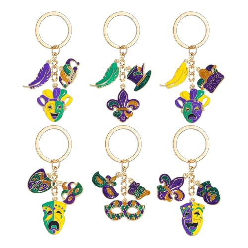 coadipress 6 Pcs Mardi Gras Keychain Carnival Mask Crown Fleur-de-lis New Orleans Themed Purse Charm for Handbags Keyrings (Chain)