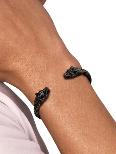 FaithHeart Viking Cuff Bracelets for Men, Silver/Black Stainless Steel Bangle Bracelet Norse Mythology Amulet Talisman Jewelry, Gift Box3