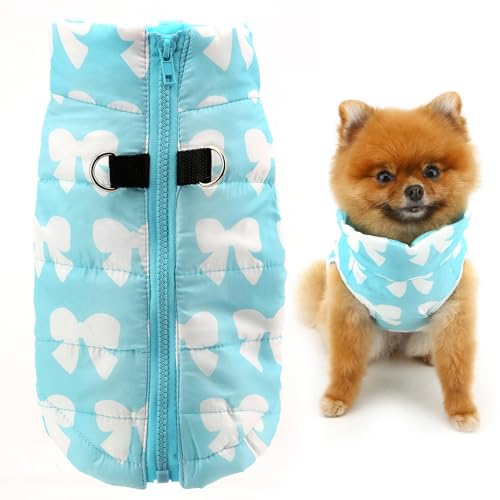Image of SMALLLEE LUCKY STORE Dog Coat with D-Ring for Small Dogs, Baby Blue, XS | Bow Print, Water-resistant Shell, Padded Warmth, Zip-up Fit, Winter Walks, Chihuahua, Yorkie, Small Dog Harness Jacket